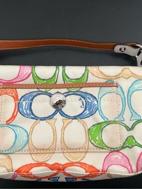 Coach Multicolor Scribble Signature Canvas Bag Tan Leather Strap. 3 in 1 wear.